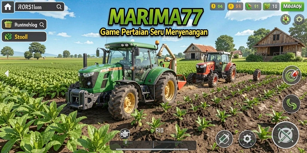 Screenshot gameplay <strong>MARIMA77</strong> menampilkan kebun yang rimbun dan hewan ternak yang bahagia.