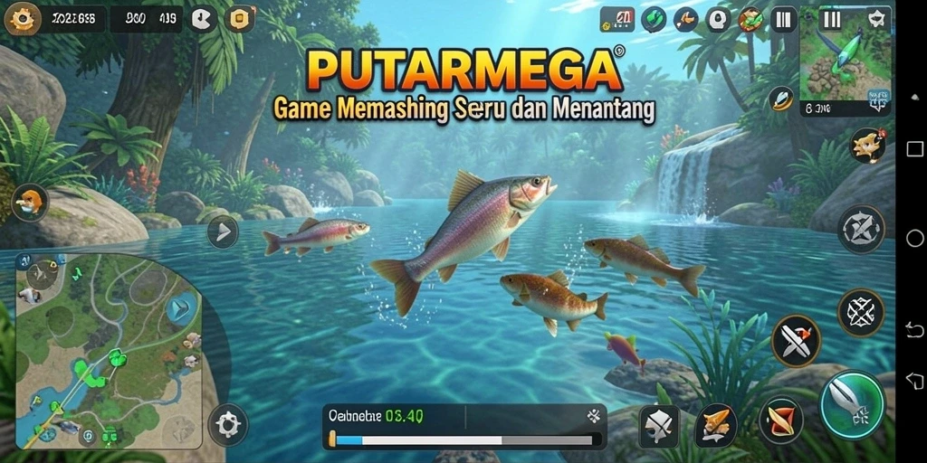 Screenshot menunjukkan pemain menangkap ikan di lokasi memancing yang indah.