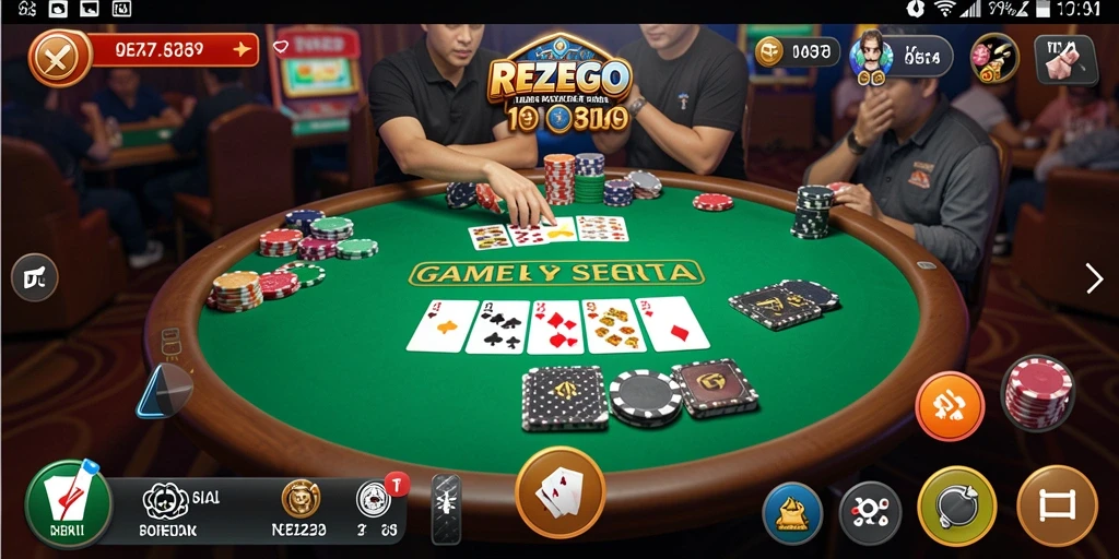 Screenshot gameplay <strong>REZEGO</strong> menampilkan aksi seru kartu Poker.