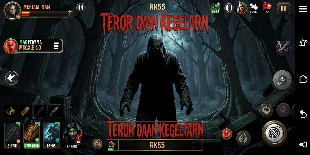 Gambaran gameplay RK55 dengan suasana yang menegangkan dan menyeramkan.