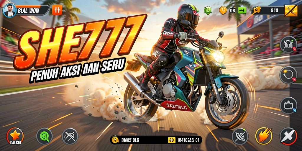 Tampilan gameplay seru dalam SHE777 saat balapan motor di trek menantang.