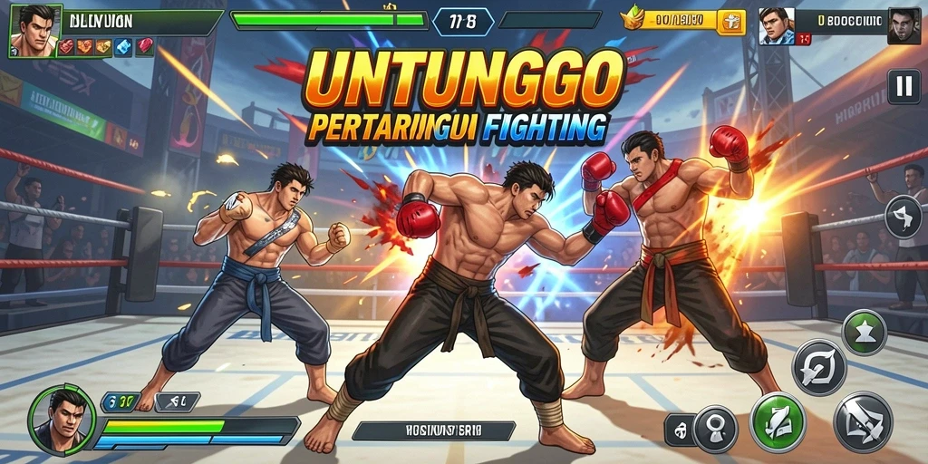 Screenshot UNTUNGGO menampilkan pertarungan seru antar karakter.